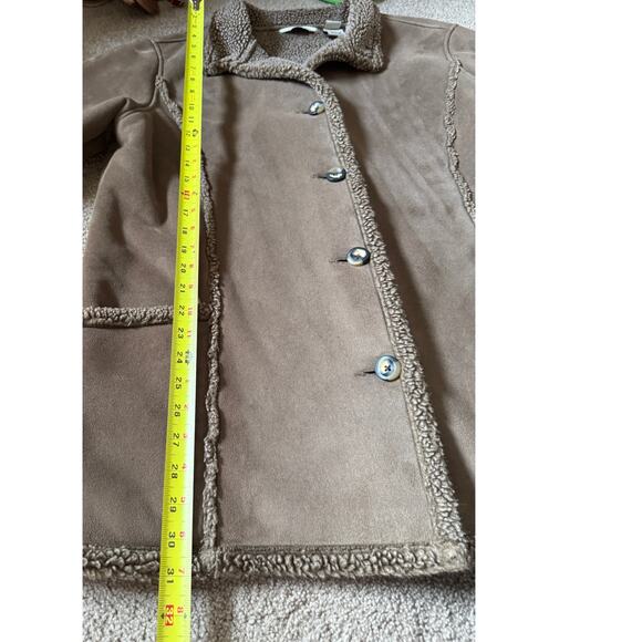 LL Bean Womens Faux Suede Sherpa Jacket Barn Chore Coat Brown Rancher Button - Picture 6 of 10
